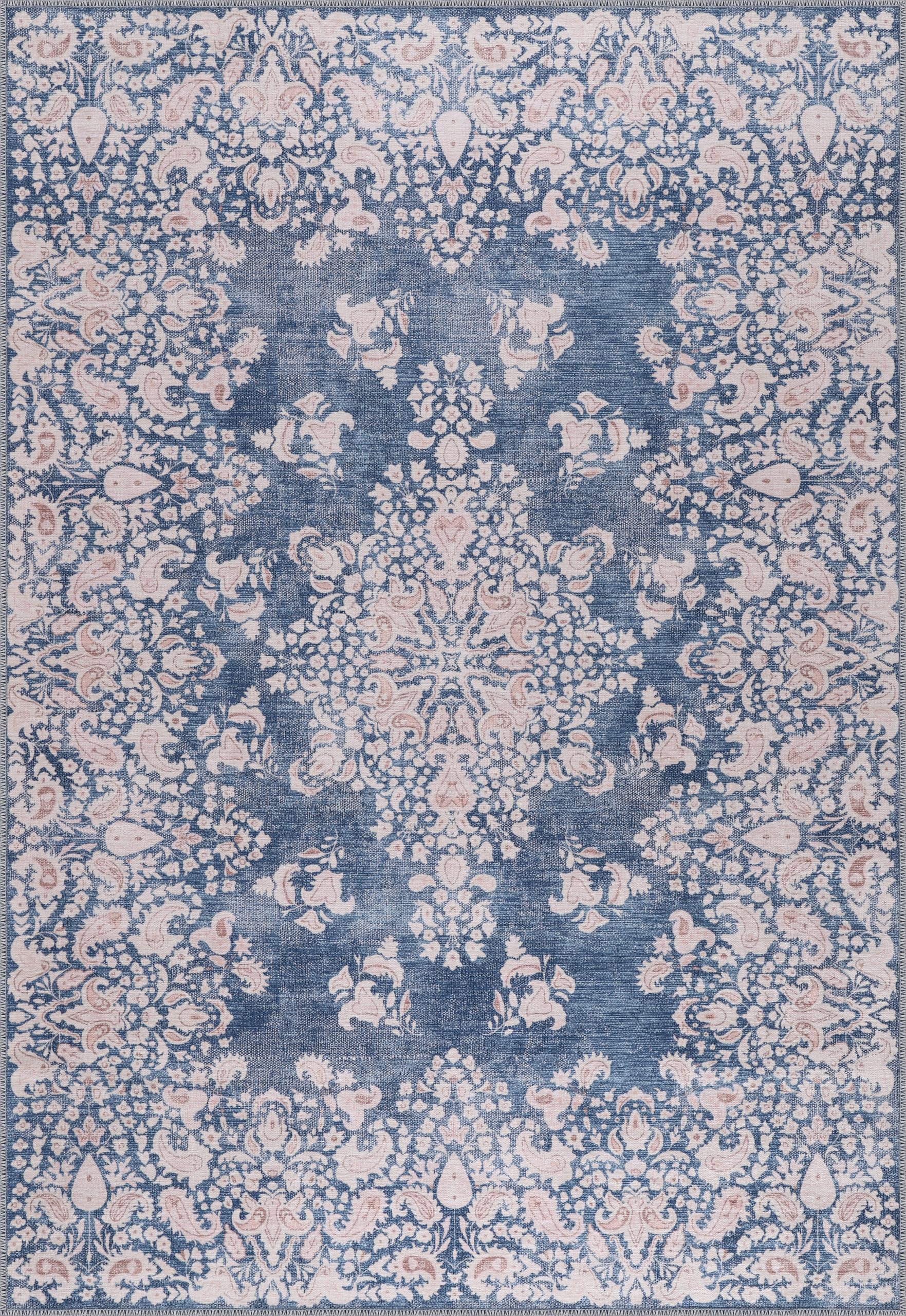 Machine Washable Area Rug for Living Room, Bedroom & Kitchen - Non Slip – 4 mm Low Pile Carpet - Vintage Rug - Pet Friendly & Kid Friendly Rugs (BLUE, 80X150)