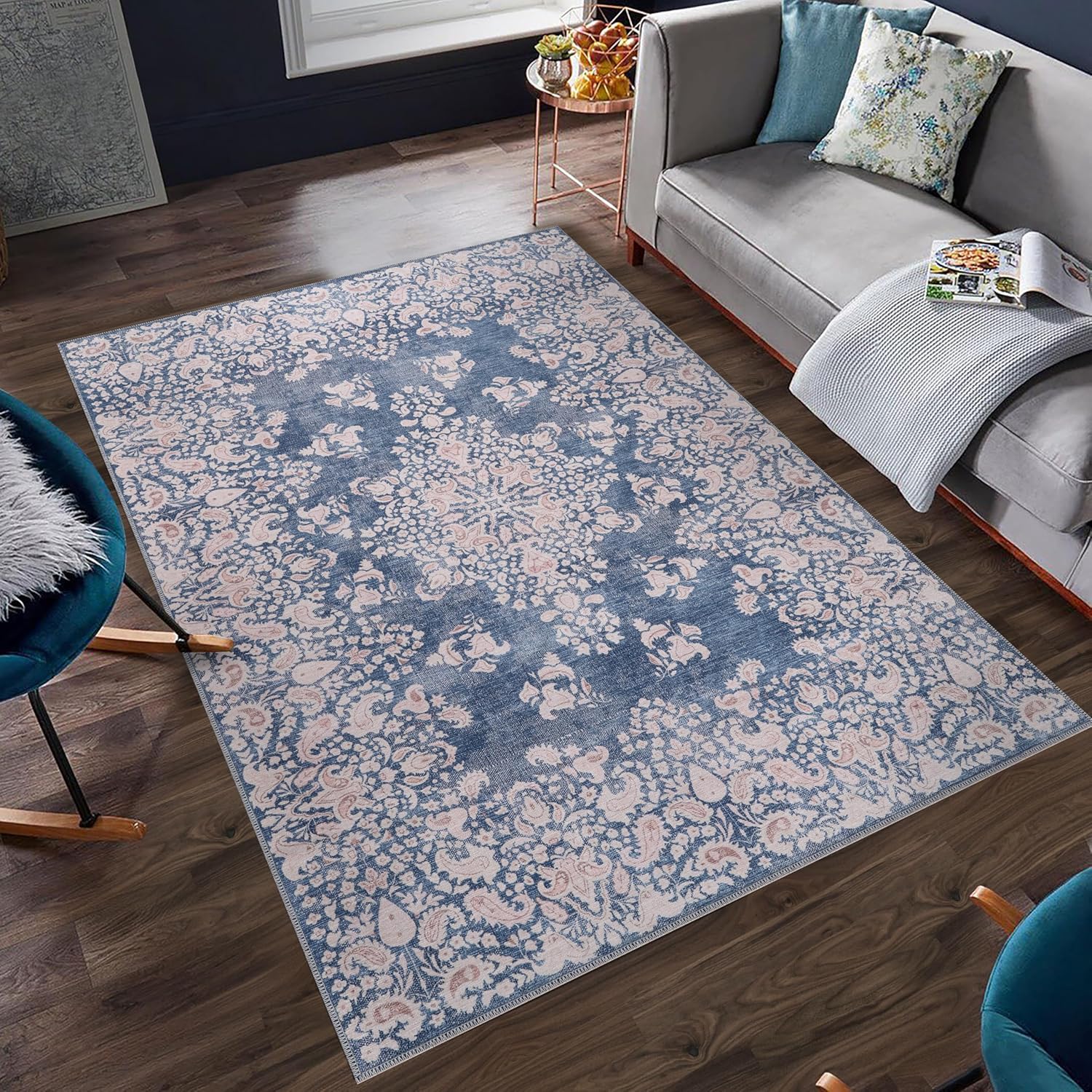Machine Washable Area Rug for Living Room, Bedroom & Kitchen - Non Slip – 4 mm Low Pile Carpet - Vintage Rug - Pet Friendly & Kid Friendly Rugs (BLUE, 80X150)