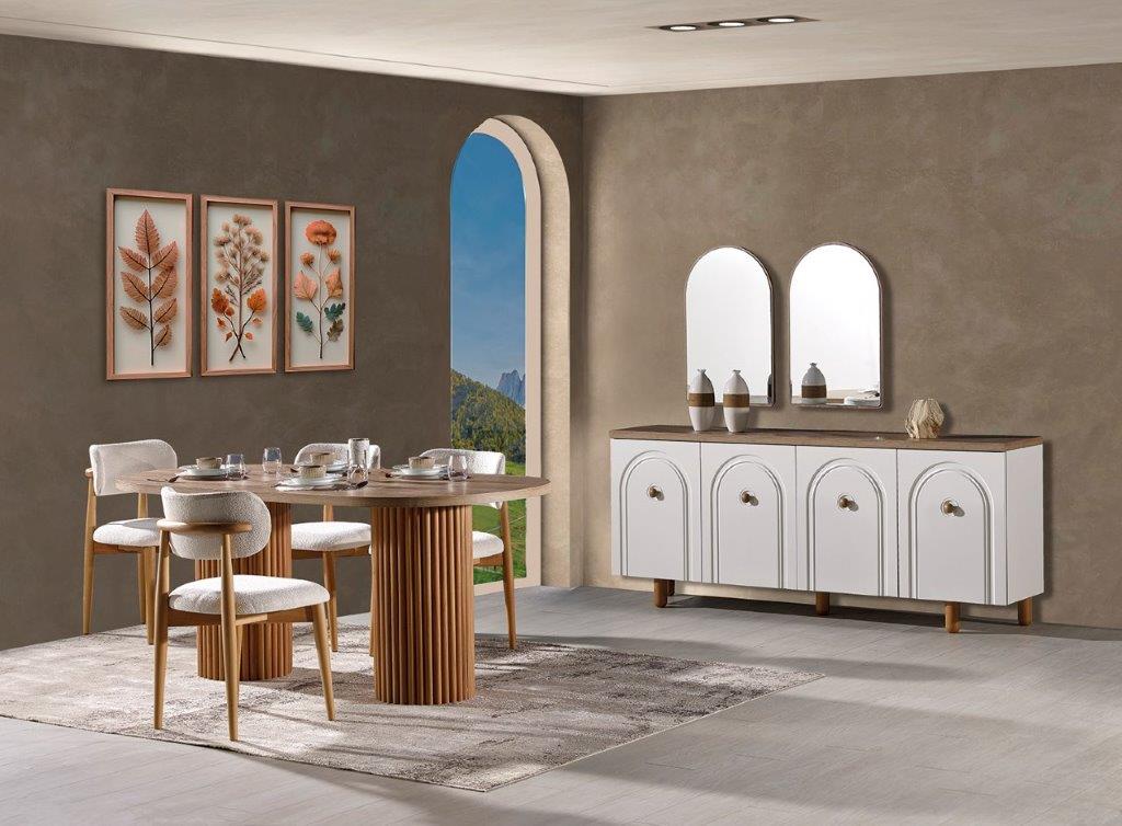 Modern Bohem dining room set by Netline Home Interior featuring a wooden table and matching chairs in a stylish living space.