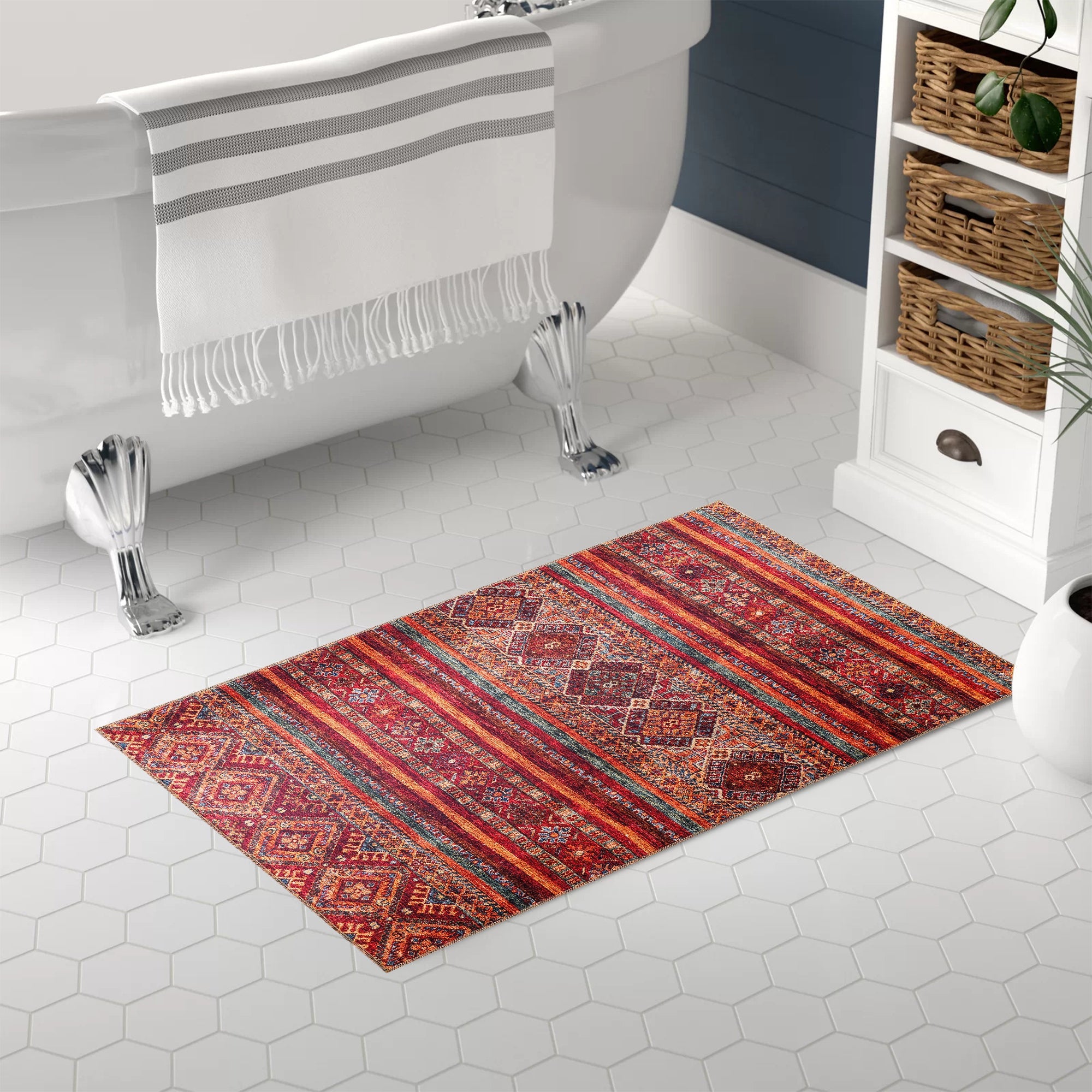 Netline Home Rugs Depot NL1007 – Machine Washable Tribal Diamond Rug | Multicolor Striped Kilim-Inspired Carpet for Living Room, Bedroom & Dining