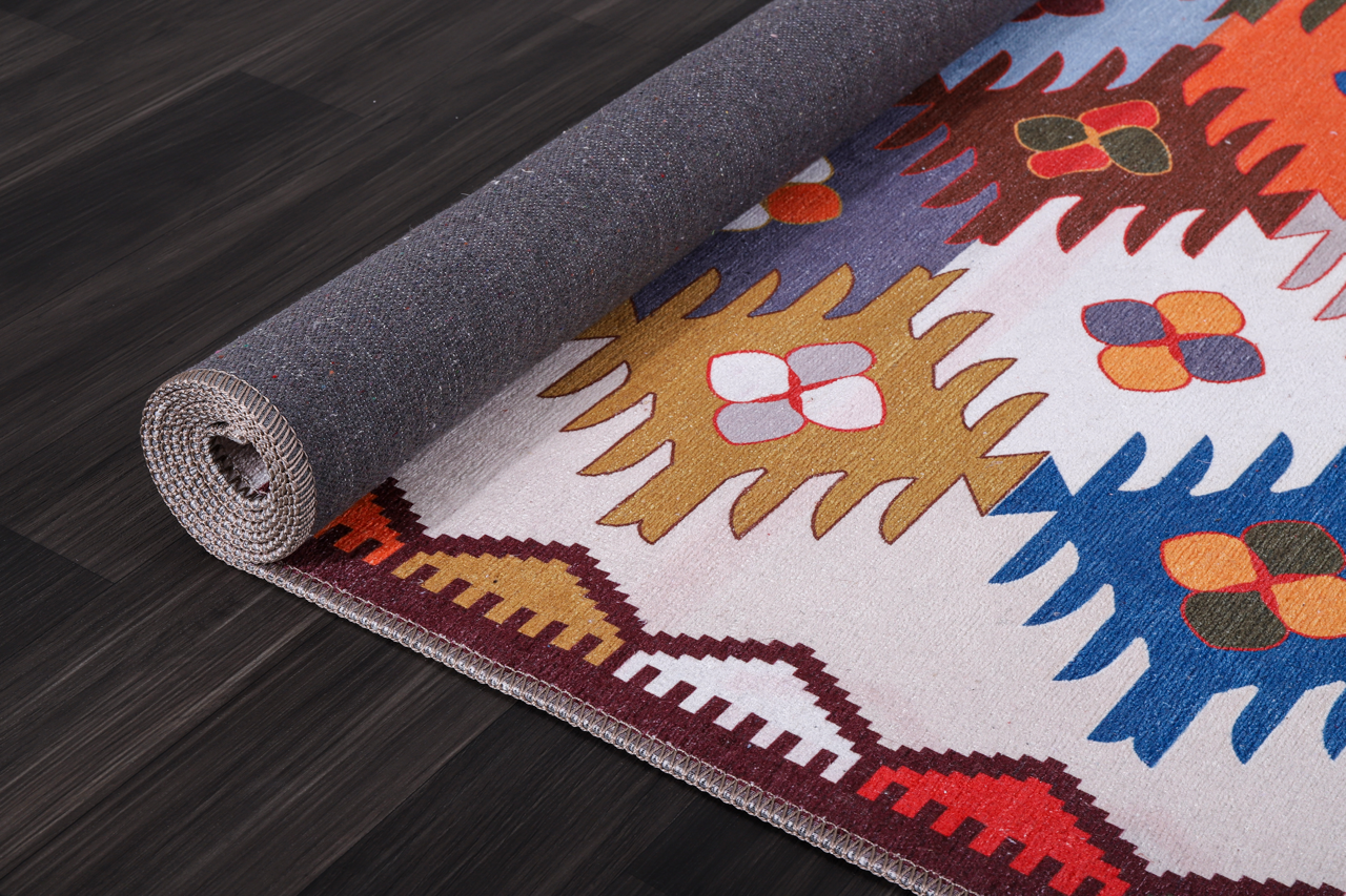 Colorful multicolor washable Kilim rug with traditional Anatolian geometric pattern, suitable for living room, bedroom, or dining area.