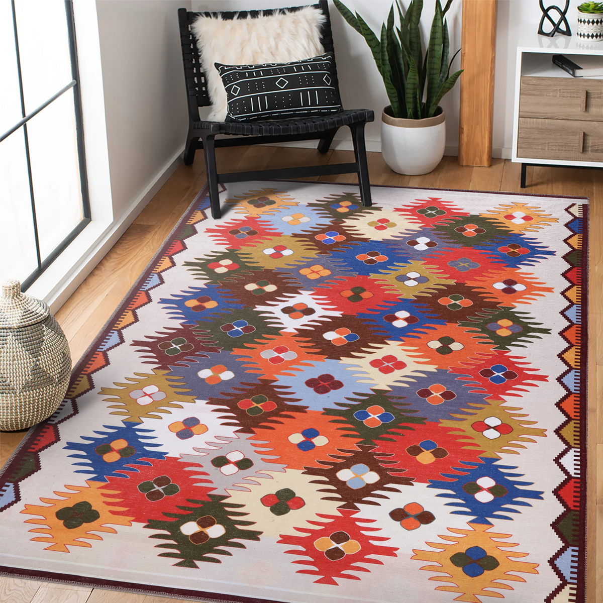 Colorful multicolor washable Kilim rug with traditional Anatolian geometric patterns, ideal for living rooms, bedrooms, or dining areas.