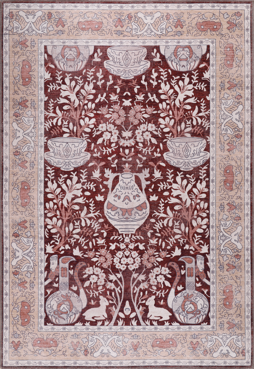 Decorative rug with intricate patterns and designs on a red and beige background