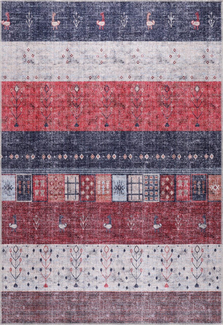 Machine washable Gabbeh rug with tribal striped pattern and symbolic motifs, suitable for living room, bedroom, and dining areas.