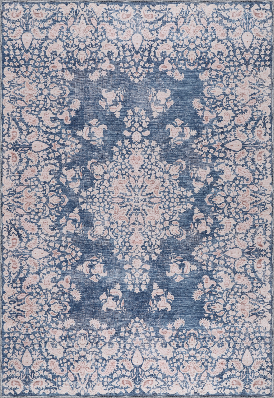 Decorative rug with floral pattern in blue and beige tones