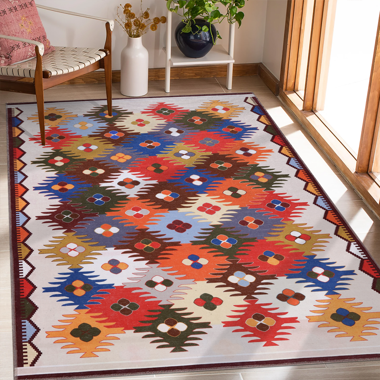 Netline Home Rugs Depot NH303 – Machine Washable Multicolor Kilim Rug | Traditional Anatolian Geometric Carpet for Living Room, Bedroom & Dining