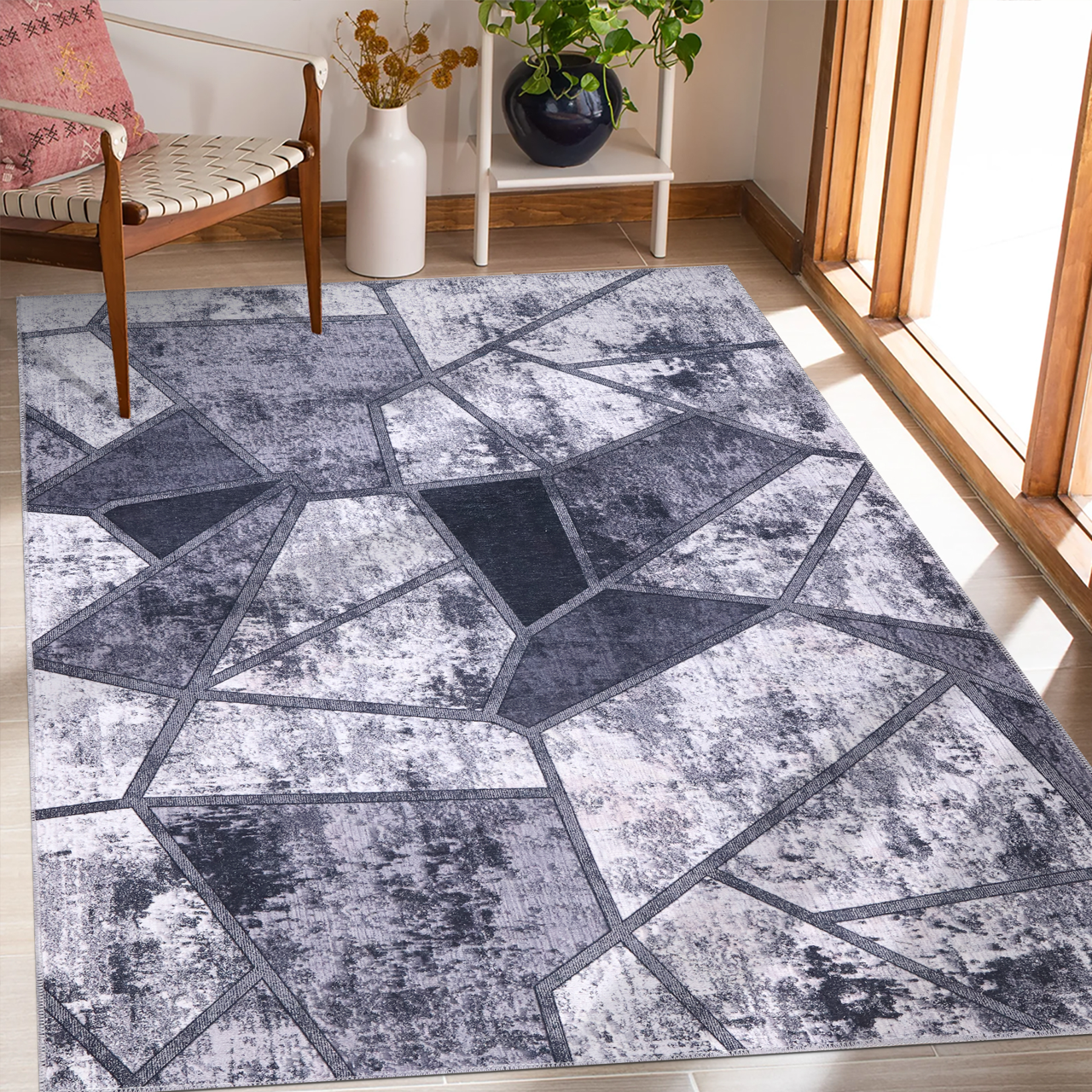 Netline Home Rugs Depot Geometric Black & White Patchwork Washable Rug Design 4001