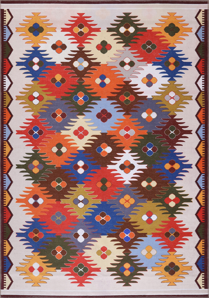 Netline Home Rugs Depot NH303 – Tappeto Kilim multicolore lavabile in lavatrice | Tappeto geometrico tradizionale anatolico per soggiorno, camera da letto e sala da pranzo shown in an illustrative room