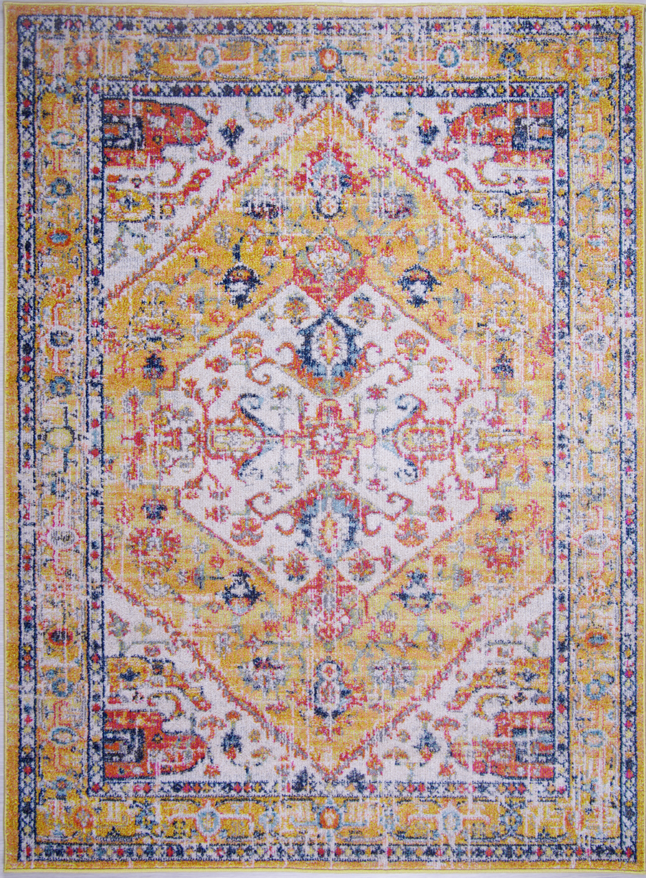 Decorative rug with a multicolored pattern on a white background