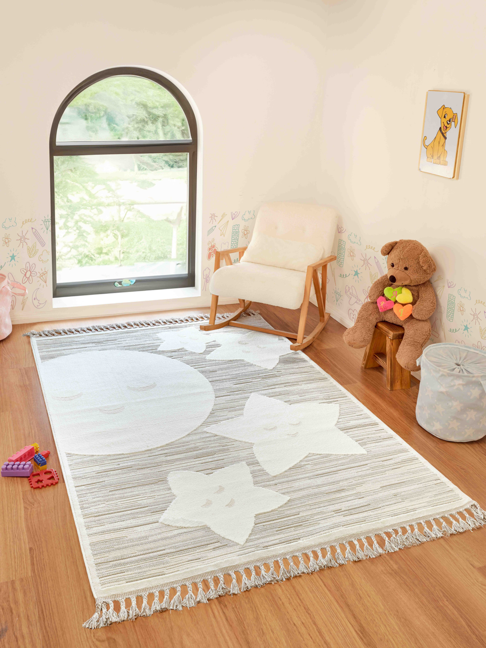 Multicolor kids' washable area rug by Netline Home featuring vibrant patterns, soft polyester material, ideal for bedrooms or playrooms.