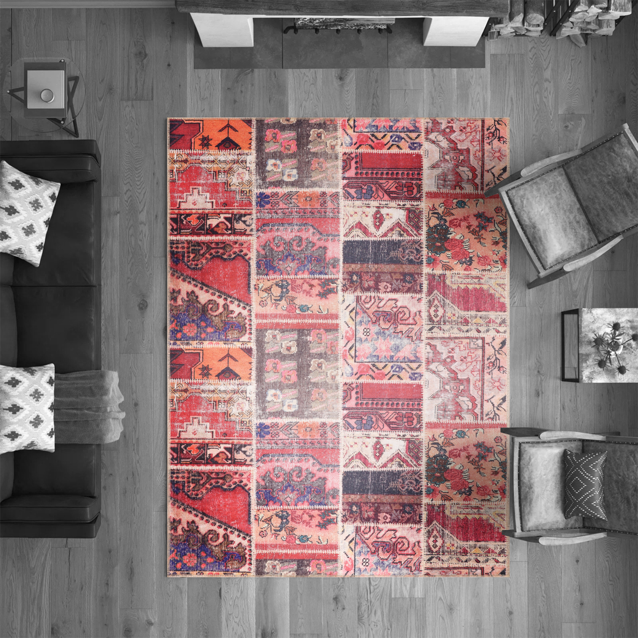 Netline Home Rugs Depot Kilim Red Medallion Patchwork Washable Rug Design 1306