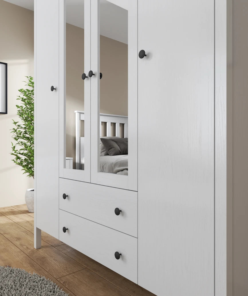 Arvena White Wood 4-Door Mirrored Wardrobe - White Wood Wardrobe Made in Turkey to Order for UK Bedroom Interiors - White Wood wardrobe by Netline Home Interior