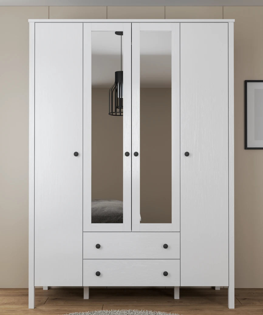 Arvena White Wood 4-Door Mirrored Wardrobe - White Wood Wardrobe Made in Turkey to Order for UK Bedroom Interiors - White Wood wardrobe by Netline Home Interior