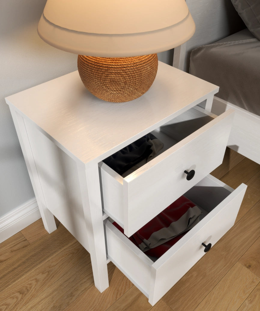 Ismera White Wood 2-Drawer Nightstand - White Wood Nightstand Made in Turkey to Order for UK Bedroom Interiors - White Wood nightstand by Netline Home Interior