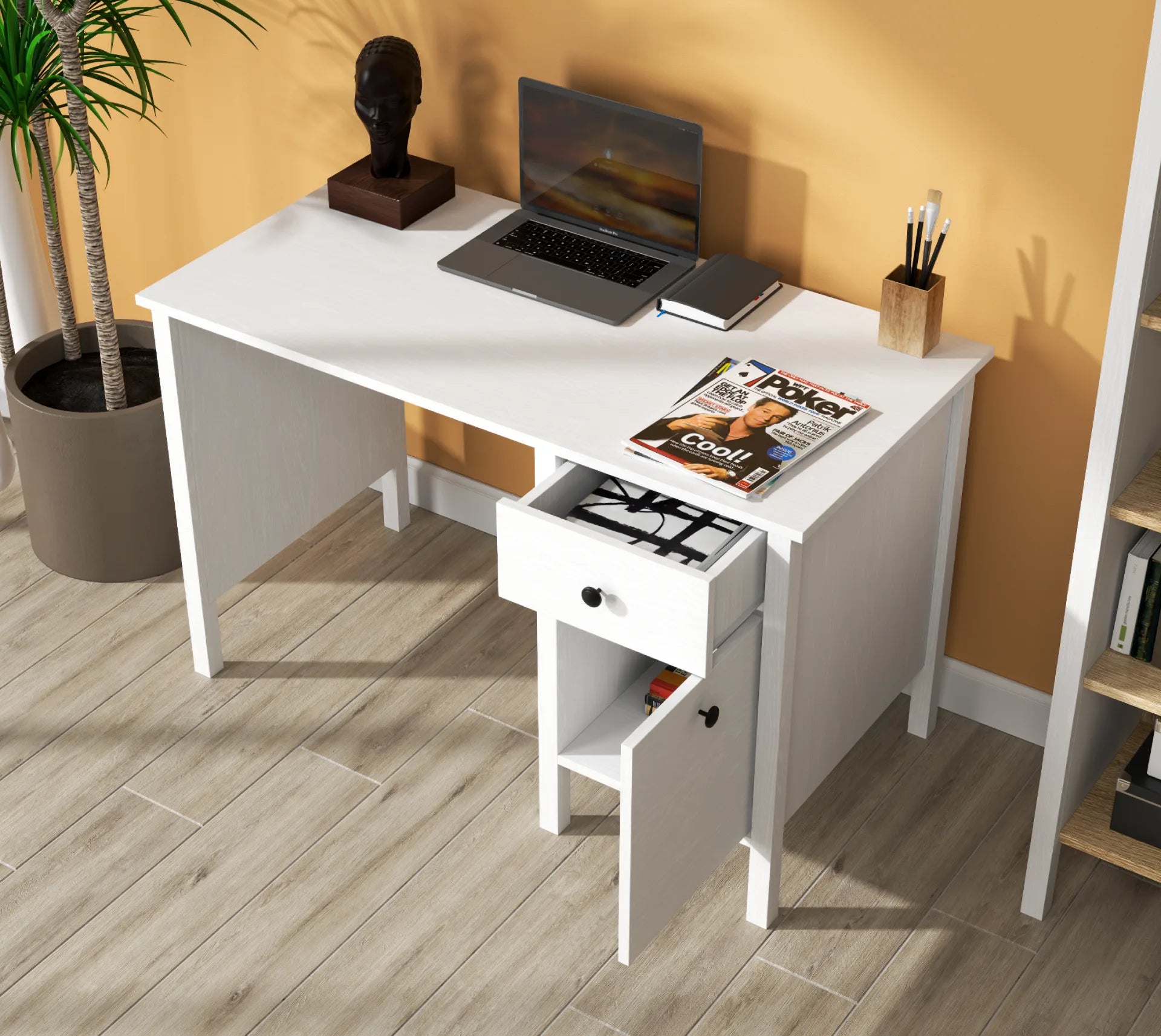 Mirel White Wood 1-Door 1-Drawer Desk - White Wood Desk Made in Turkey to Order for UK Home Office Interiors - White Wood desk by Netline Home Interior