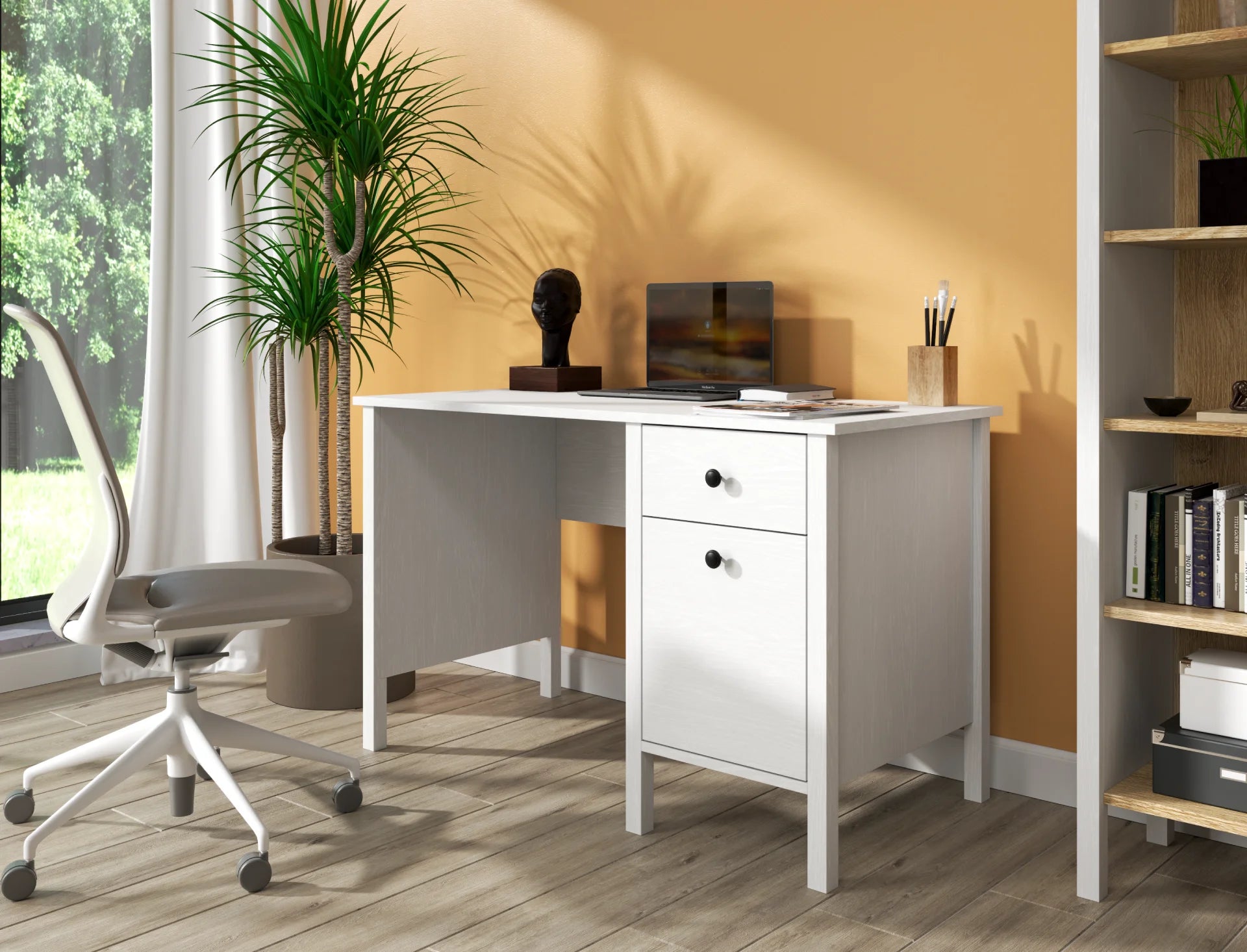 Mirel White Wood 1-Door 1-Drawer Desk - White Wood Desk Made in Turkey to Order for UK Home Office Interiors - White Wood desk by Netline Home Interior