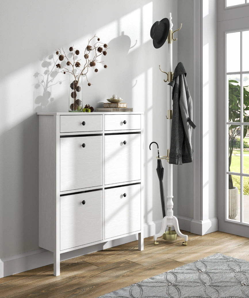 Melora White Wood 4-Door 2-Drawer Shoe Cabinet - White Wood Shoe Cabinet Made in Turkey to Order for UK Hallway Interiors - White Wood shoe cabinet by Netline Home Interior