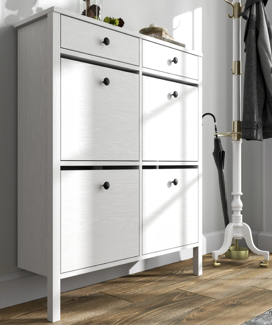 Melora White Wood 4-Door 2-Drawer Shoe Cabinet - White Wood Shoe Cabinet Made in Turkey to Order for UK Hallway Interiors - White Wood shoe cabinet by Netline Home Interior