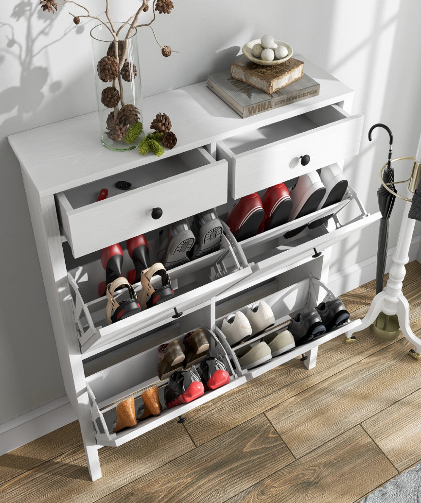 Melora White Wood 4-Door 2-Drawer Shoe Cabinet - White Wood Shoe Cabinet Made in Turkey to Order for UK Hallway Interiors - White Wood shoe cabinet by Netline Home Interior