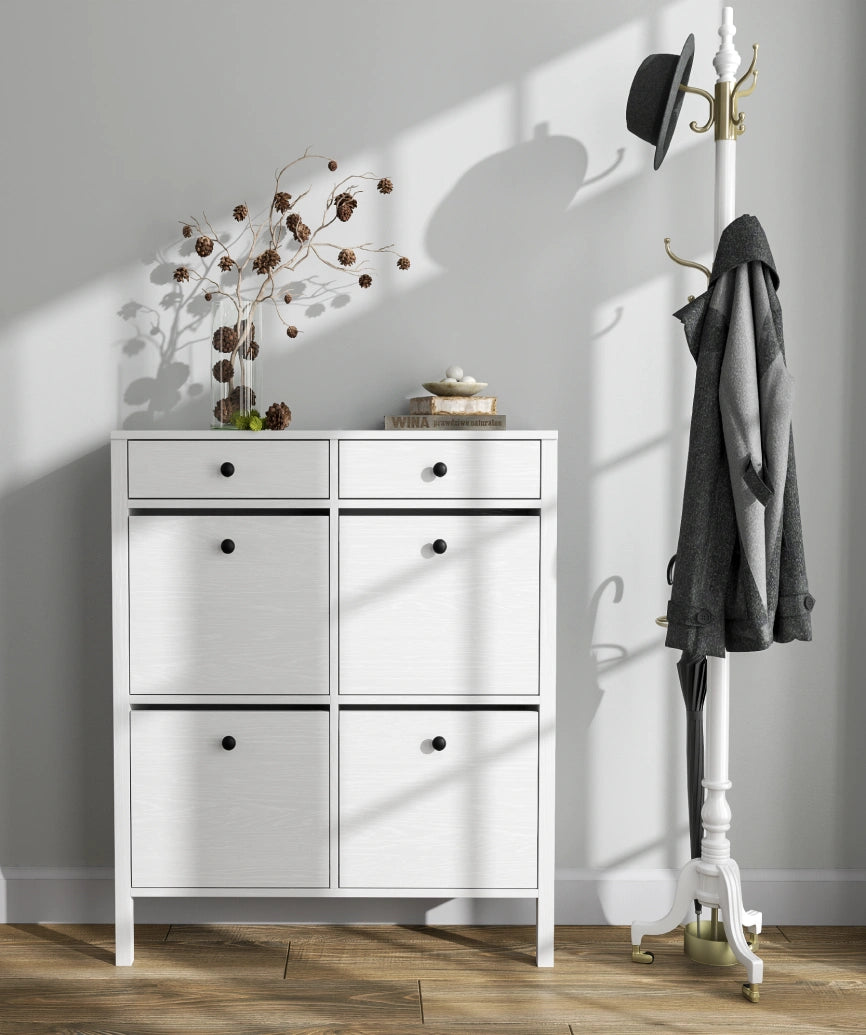 Melora White Wood 4-Door 2-Drawer Shoe Cabinet - White Wood Shoe Cabinet Made in Turkey to Order for UK Hallway Interiors - White Wood shoe cabinet by Netline Home Interior