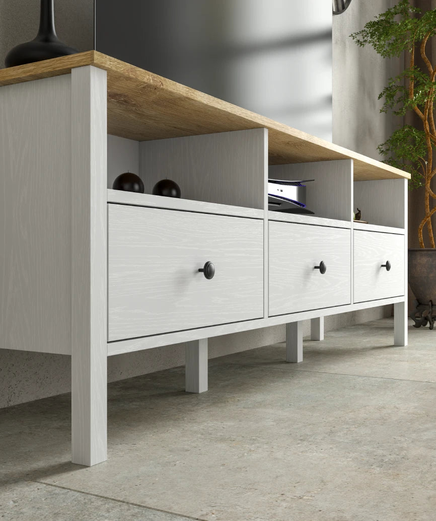 Drona White Wood Drawer TV Unit - White Wood Tv Unit Made in Turkey to Order for UK Living Room Interiors - White Wood TV unit by Netline Home Interior