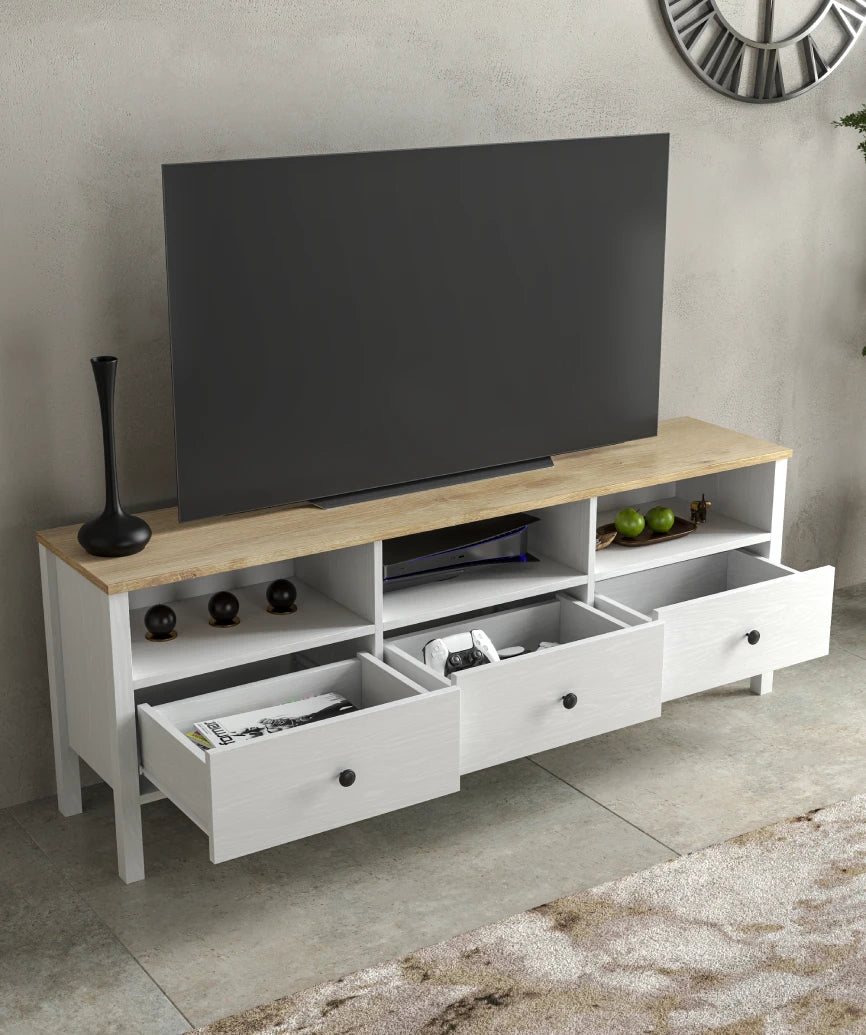Drona White Wood Drawer TV Unit - White Wood Tv Unit Made in Turkey to Order for UK Living Room Interiors - White Wood TV unit by Netline Home Interior