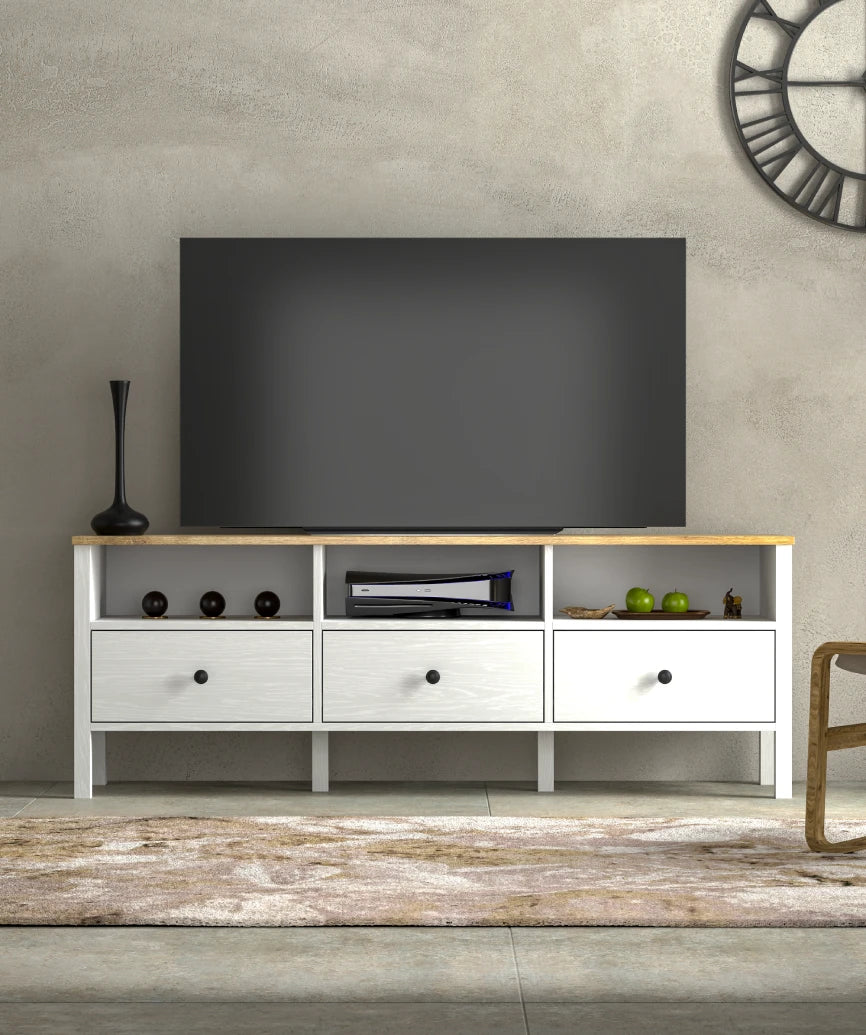 Drona White Wood Drawer TV Unit - White Wood Tv Unit Made in Turkey to Order for UK Living Room Interiors - White Wood TV unit by Netline Home Interior
