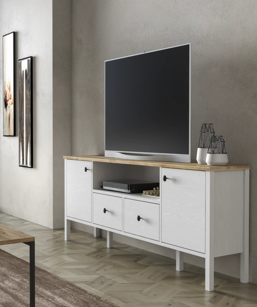 Elaren White Wood 2-Door 2-Drawer TV Unit - White Wood Tv Unit Made in Turkey to Order for UK Living Room Interiors - White Wood TV unit by Netline Home Interior