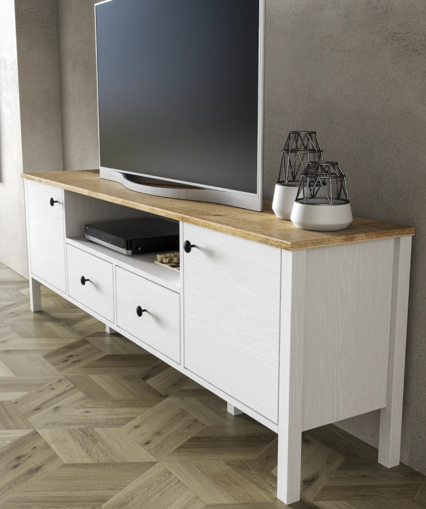 Elaren White Wood 2-Door 2-Drawer TV Unit - White Wood Tv Unit Made in Turkey to Order for UK Living Room Interiors - White Wood TV unit by Netline Home Interior