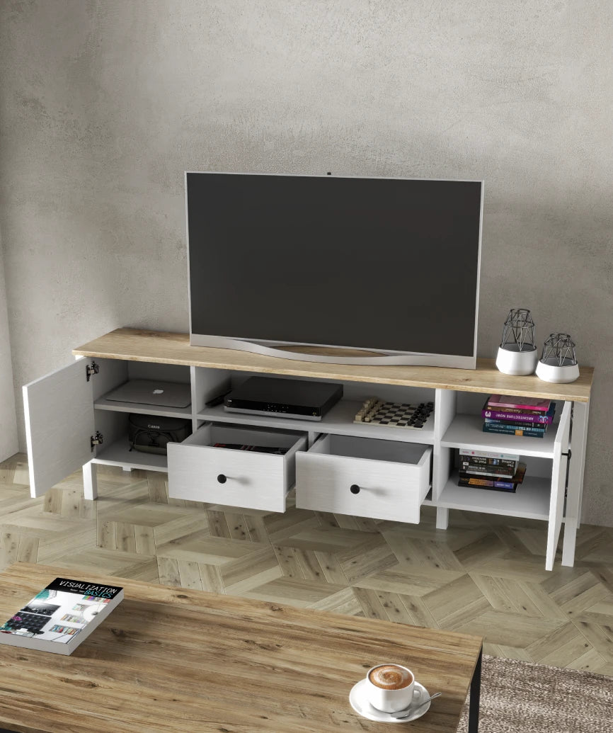 Elaren White Wood 2-Door 2-Drawer TV Unit - White Wood Tv Unit Made in Turkey to Order for UK Living Room Interiors - White Wood TV unit by Netline Home Interior