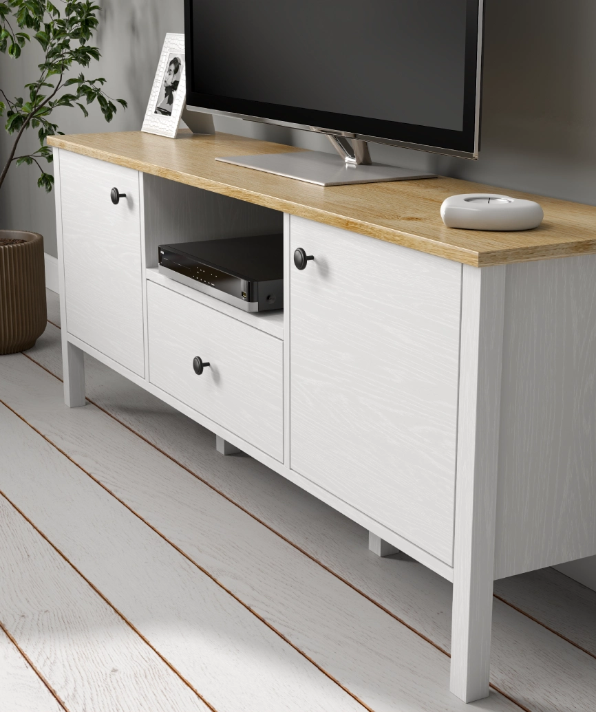 Malva White Wood 2-Door 1-Drawer TV Unit - White Wood Tv Unit Made in Turkey to Order for UK Living Room Interiors - White Wood TV unit by Netline Home Interior