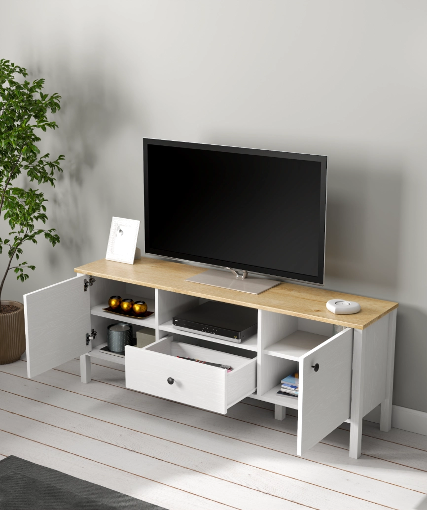Malva White Wood 2-Door 1-Drawer TV Unit - White Wood Tv Unit Made in Turkey to Order for UK Living Room Interiors - White Wood TV unit by Netline Home Interior