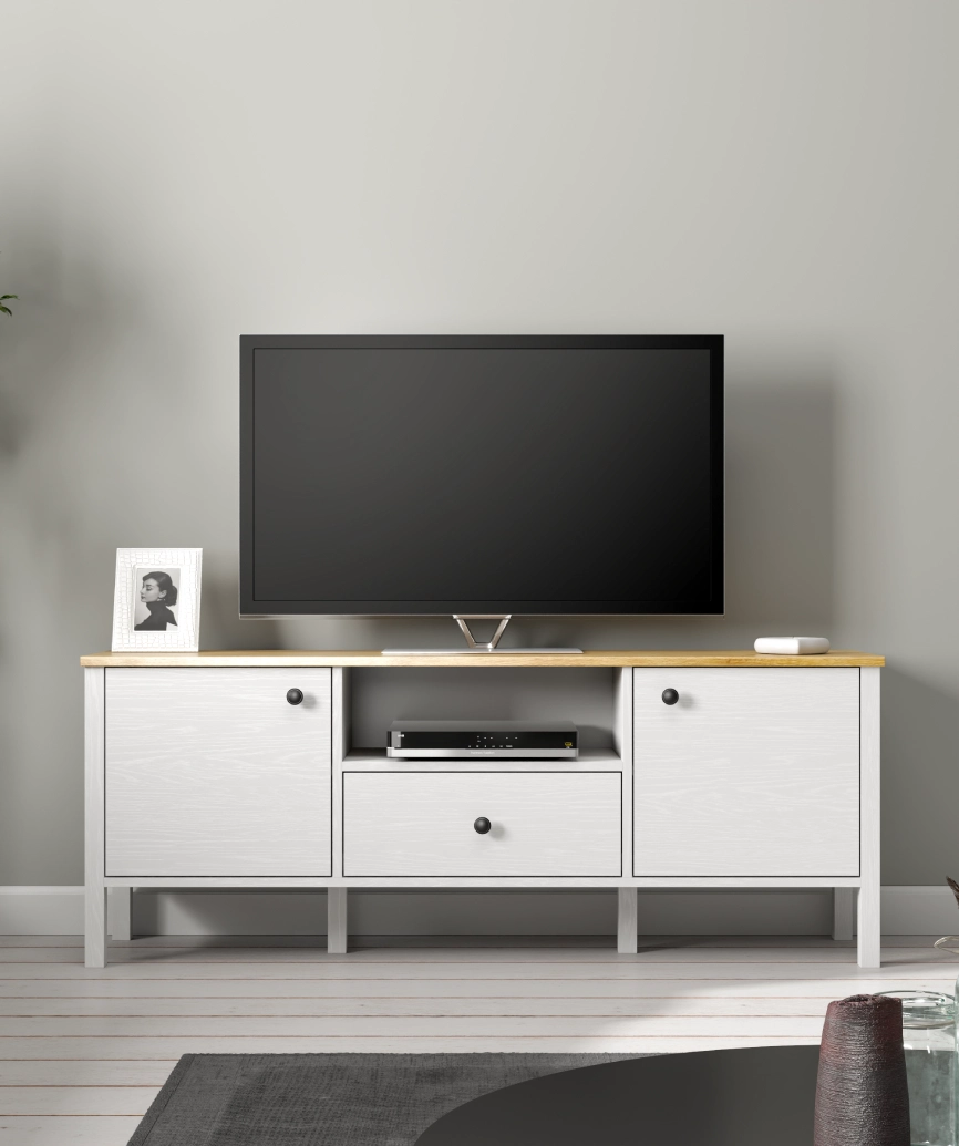Malva White Wood 2-Door 1-Drawer TV Unit - White Wood Tv Unit Made in Turkey to Order for UK Living Room Interiors - White Wood TV unit by Netline Home Interior