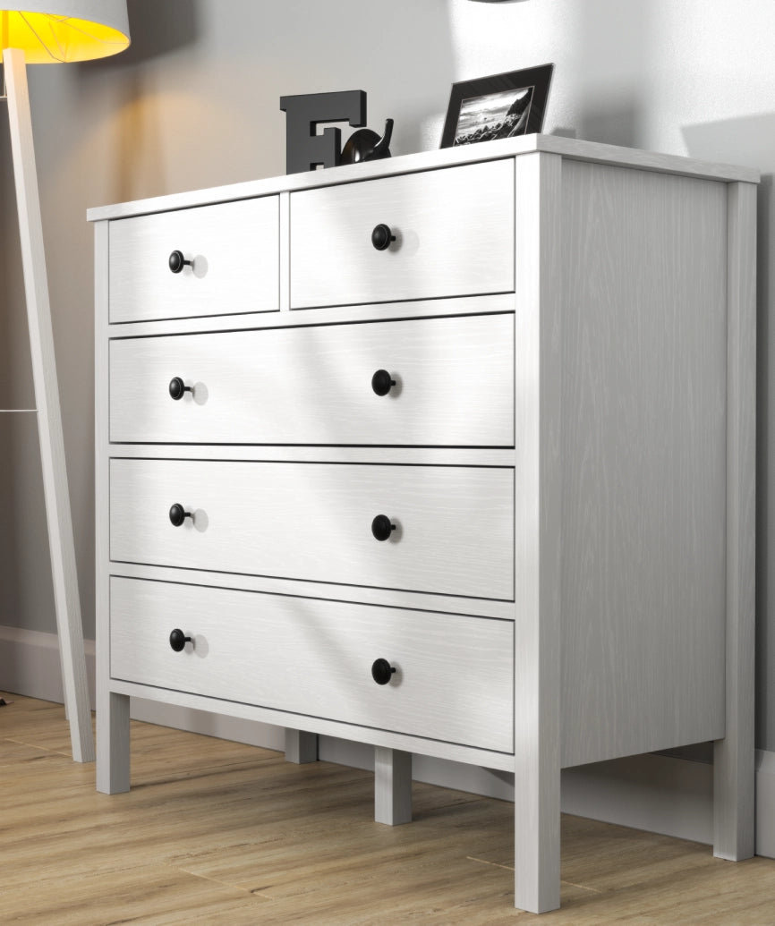 Elaya White Wood 5-Drawer Dresser - White Wood Dresser Made in Turkey to Order for UK Bedroom Interiors - White Wood dresser by Netline Home Interior