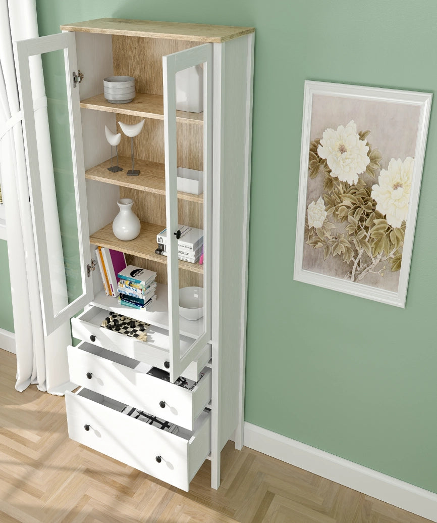 Elva White Wood Glass Door Buffet Cabinet - White Wood Sideboard Made in Turkey to Order for UK Dining Room Interiors - White Wood sideboard by Netline Home Interior