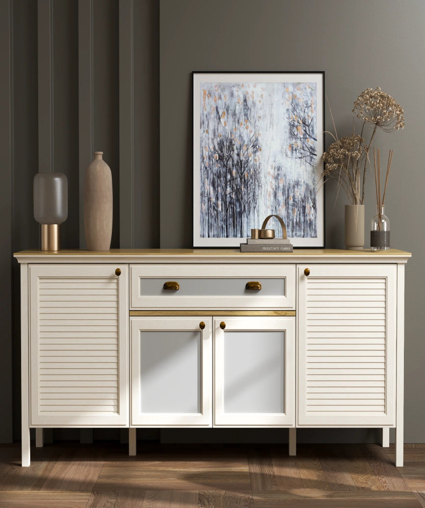 Davina Premium Moonstone Louvered 4-Door 1-Drawer Sideboard - Moonstone Sideboard Made in Turkey to Order for UK Dining Room Interiors - Moonstone sideboard by Netline Home Interior