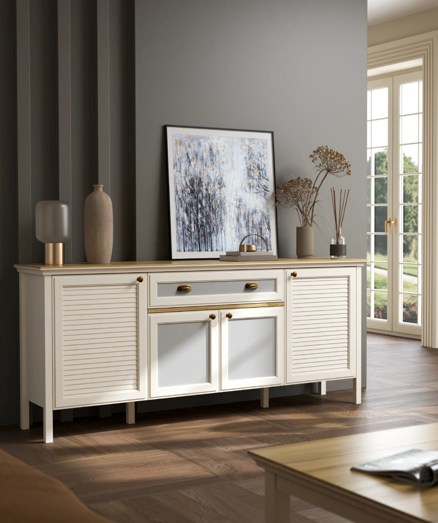 Davina Premium Moonstone Louvered 4-Door 1-Drawer Sideboard - Moonstone Sideboard Made in Turkey to Order for UK Dining Room Interiors - Moonstone sideboard by Netline Home Interior