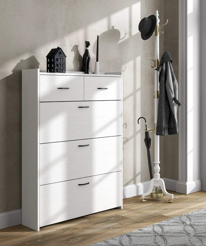 Prina 3-Door 2-Drawer Shoe Cabinet - White Wood and Sapphire Oak - White Wood Shoe Cabinet Made in Turkey to Order for UK Hallway Interiors - White Wood shoe cabinet by Netline Home Interior