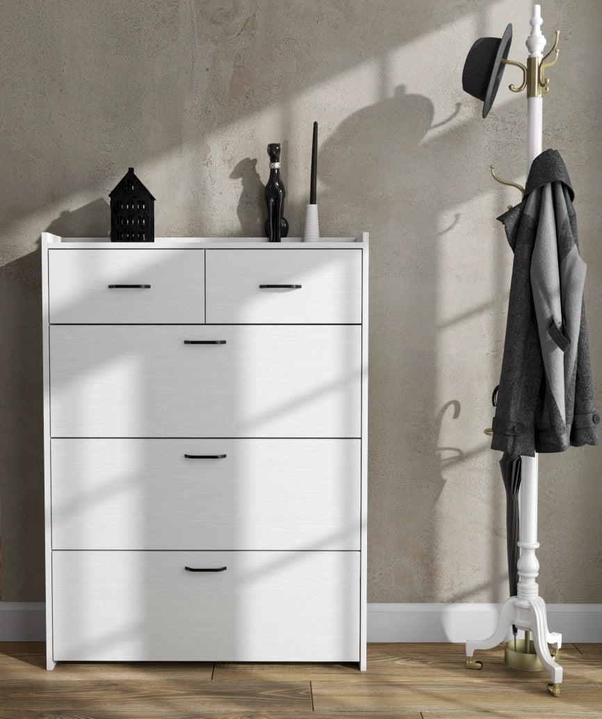 Prina 3-Door 2-Drawer Shoe Cabinet - White Wood and Sapphire Oak - White Wood Shoe Cabinet Made in Turkey to Order for UK Hallway Interiors - White Wood shoe cabinet by Netline Home Interior