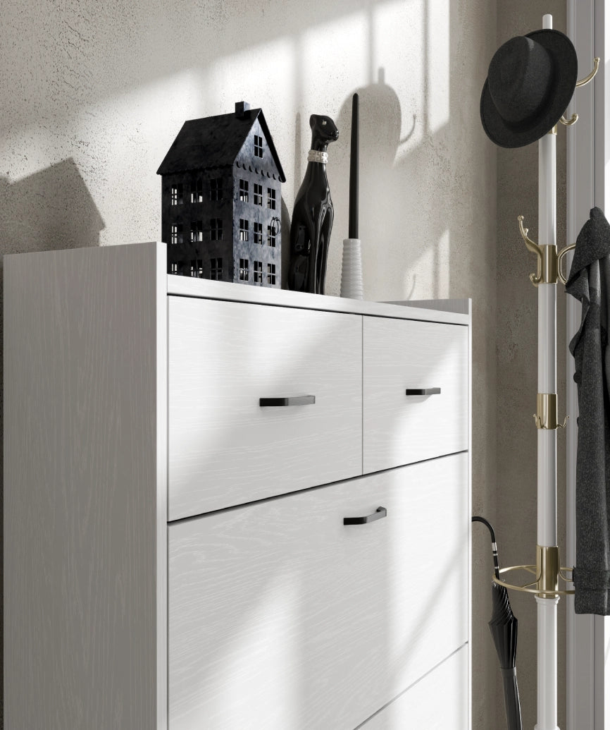 Prina 3-Door 2-Drawer Shoe Cabinet - White Wood and Sapphire Oak - White Wood Shoe Cabinet Made in Turkey to Order for UK Hallway Interiors - White Wood shoe cabinet by Netline Home Interior
