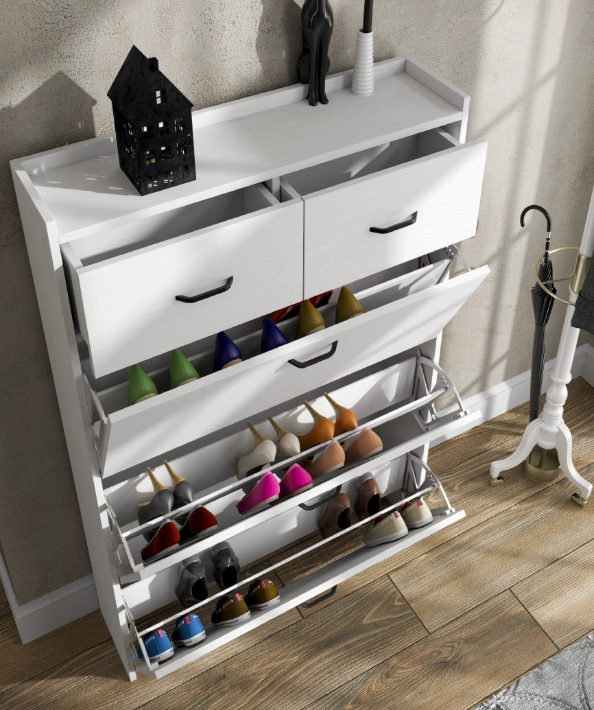 Prina 3-Door 2-Drawer Shoe Cabinet - White Wood and Sapphire Oak - White Wood Shoe Cabinet Made in Turkey to Order for UK Hallway Interiors - White Wood shoe cabinet by Netline Home Interior