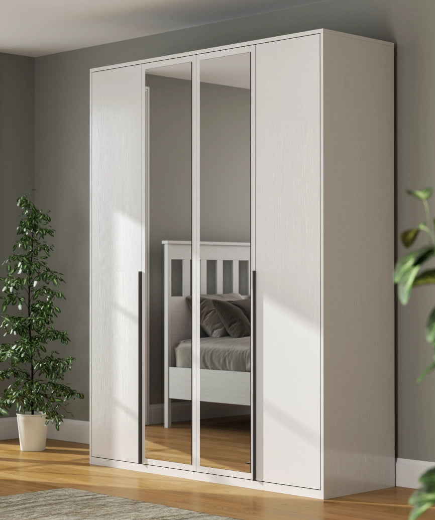Dorba White Wood 4-Door Wardrobe - White Wood Wardrobe Made in Turkey to Order for UK Bedroom Interiors - White Wood wardrobe by Netline Home Interior