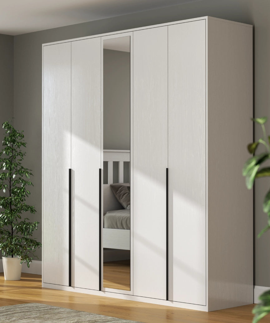 Dorba White Wood 5-Door Wardrobe - White Wood Wardrobe Made in Turkey to Order for UK Bedroom Interiors - White Wood wardrobe by Netline Home Interior