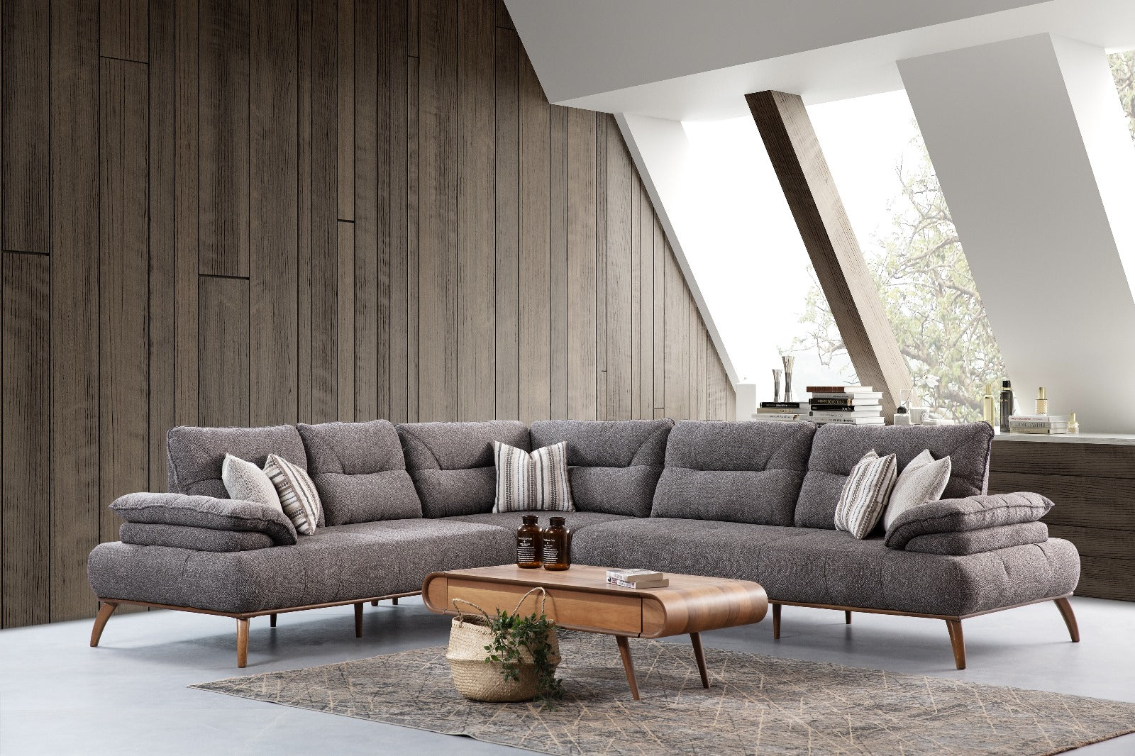 Spacious Netline Home Interior Latte Corner Sofa with plush cushions and modern design in a stylish living room setting.