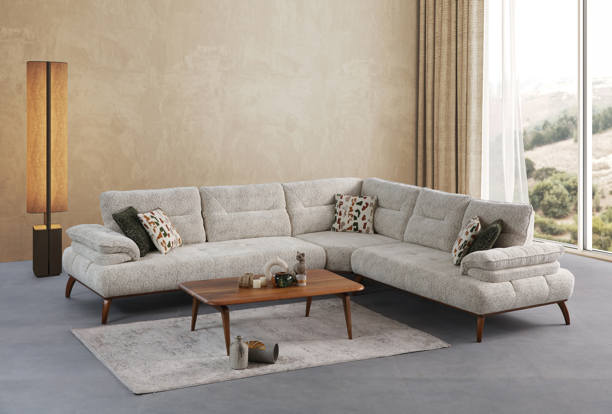 Spacious Netline Home Interior Latte Corner Sofa with plush cushions and modern design, ideal for a cozy living room lounge.