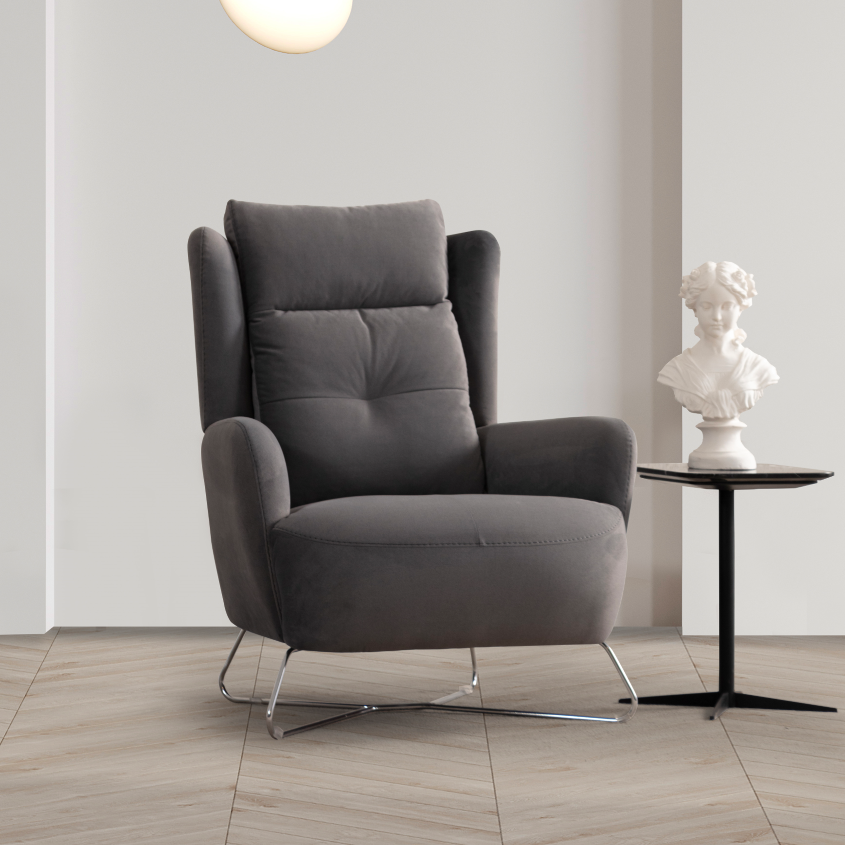 Netline Home Interior Lora armchair with plush fabric upholstery, featuring a cozy, stylish accent seating design.