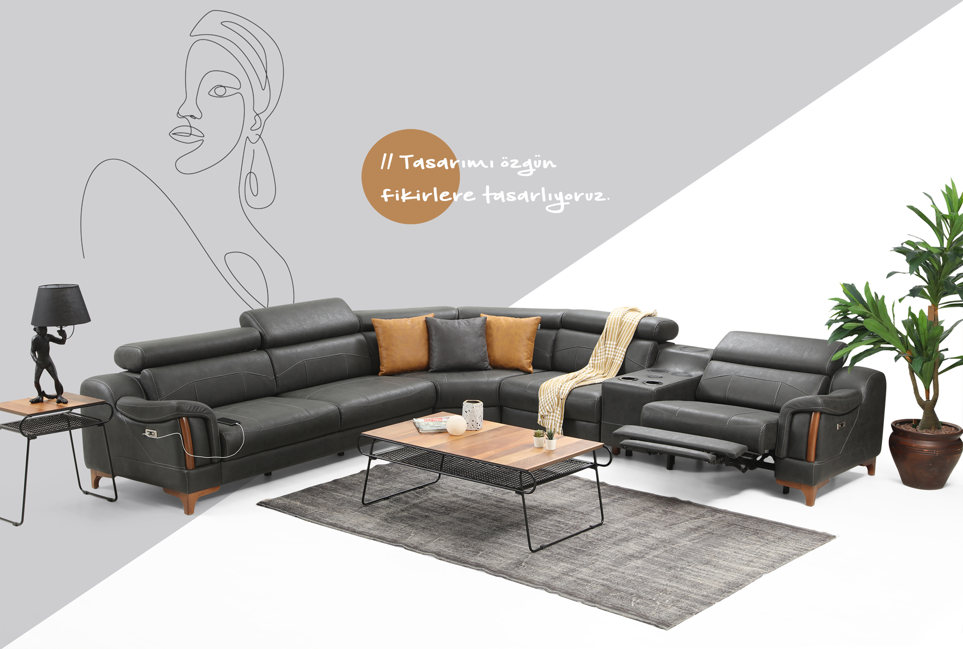 Netline Home Interior Rio corner recliner sofa showing plush fabric upholstery and reclining features in a cozy living room setup.