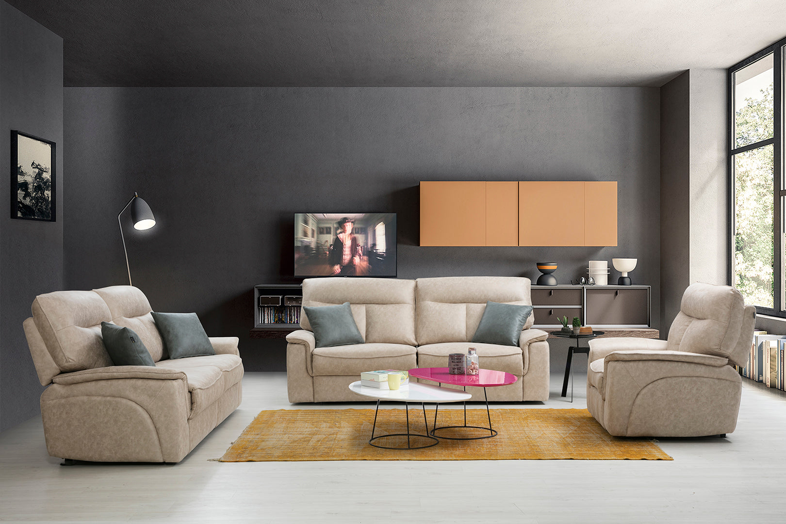 Netline Home Interior Gala recliner sofa set in a cozy living room, showcasing plush cushions and modern design.