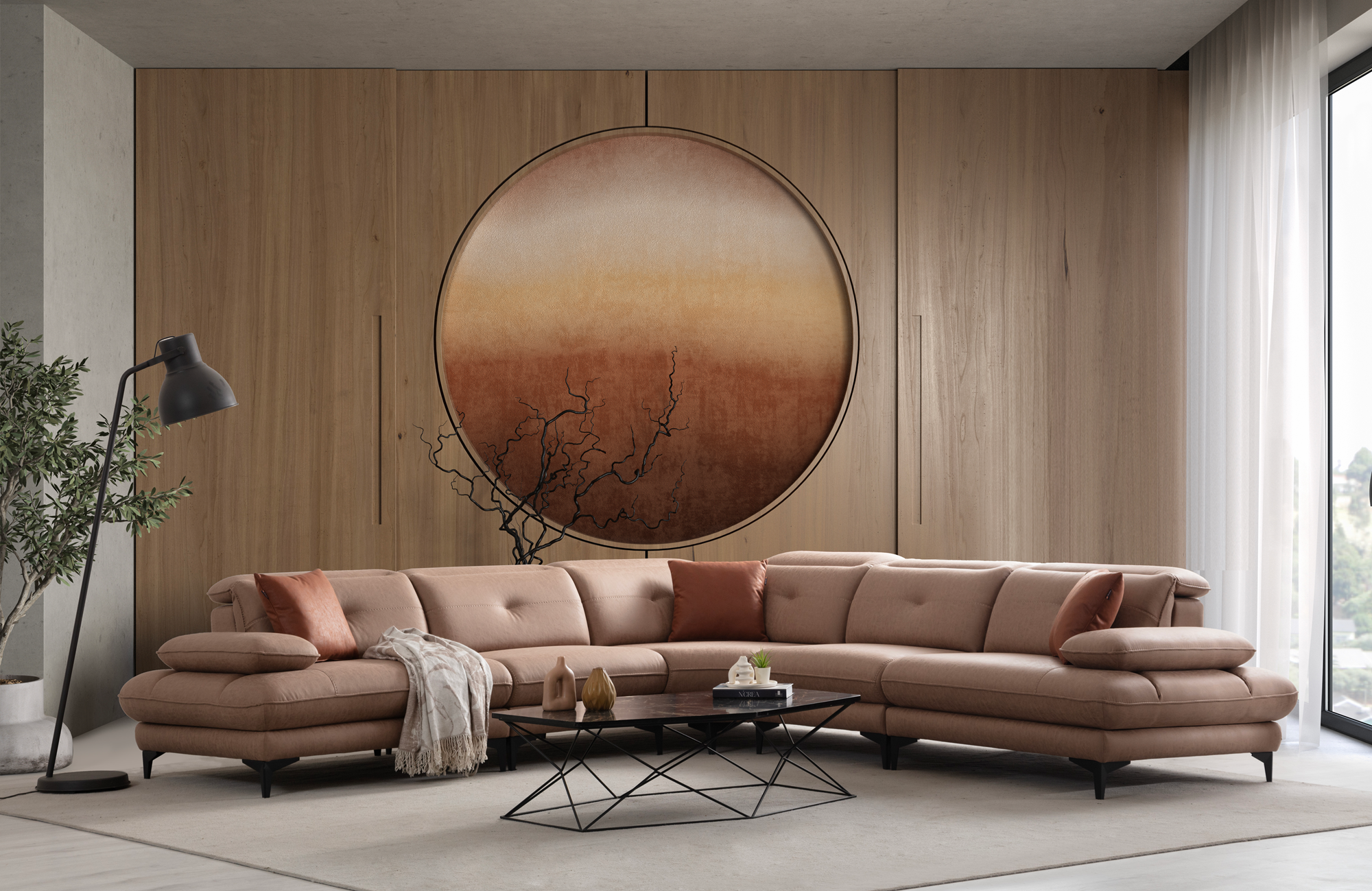 Netline Home Interior Torino Corner Sofa showing plush fabric upholstery and spacious lounge seating in a modern living room setting.