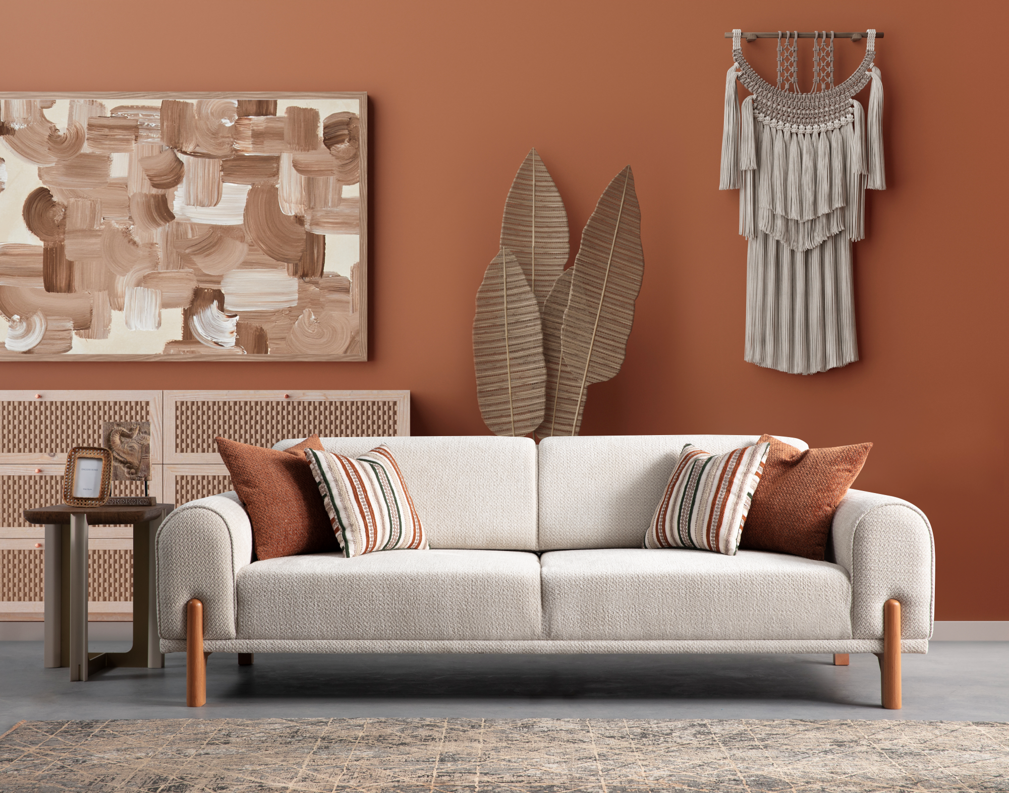Netline Home Interior Zeus 2 Seater Sofa in a modern living room with plush cushions and sleek fabric upholstery.